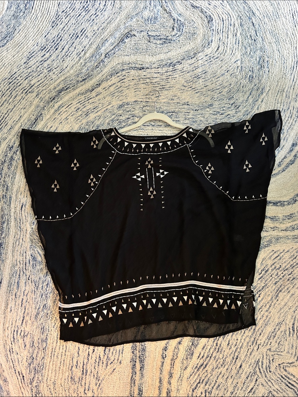 Lane Bryant Black Short-Sleeve Tunic with White Geometric Embroidery
